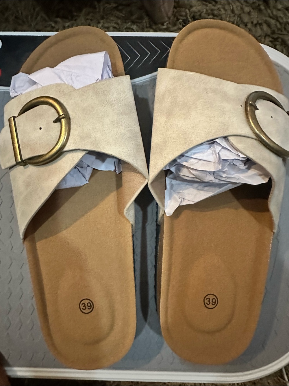 Women’s Beige Slide Sandals with Buckle Accent